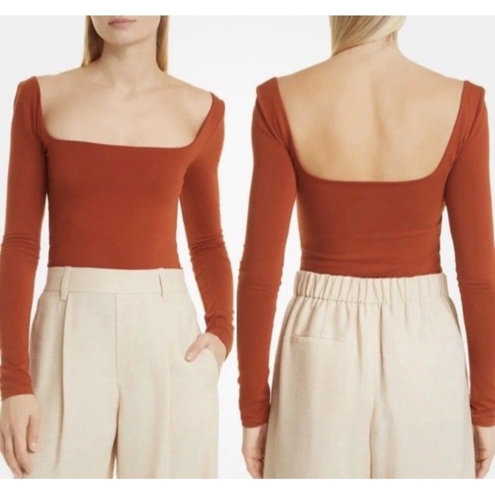 Vince Pima Cotton‎ Jersey Knit stretch Top Square Neck Long Sleeve Rust Amber L